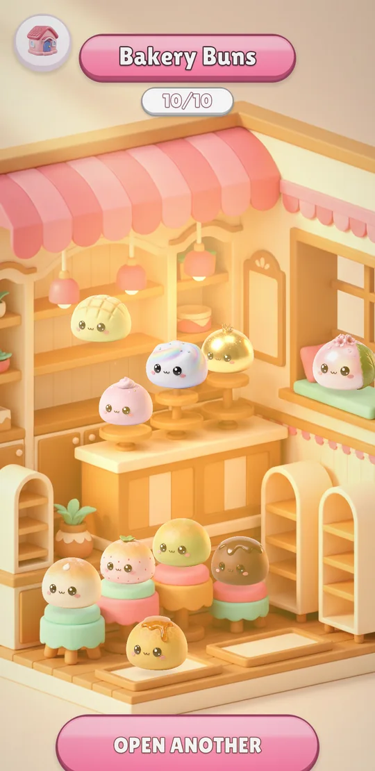 A completed bakery room with ten buns on shelves